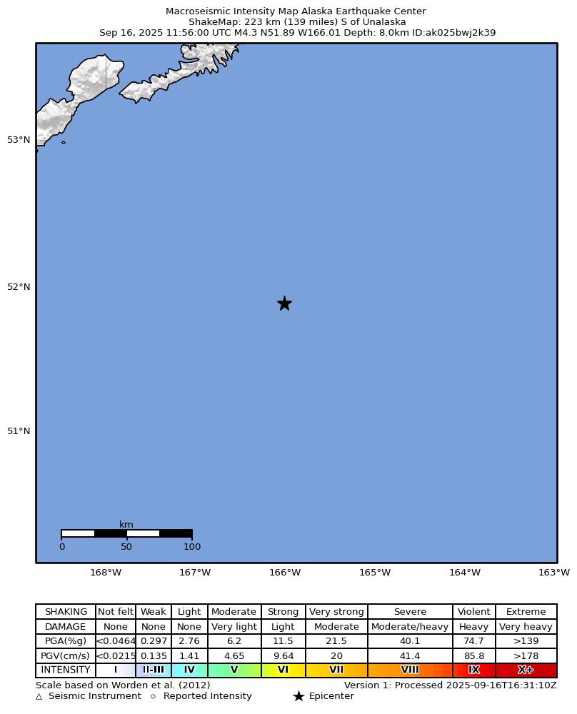 USGS ShakeMap intensity contours for the M4.2 earthquake near 213 km S of Unalaska, Alaska