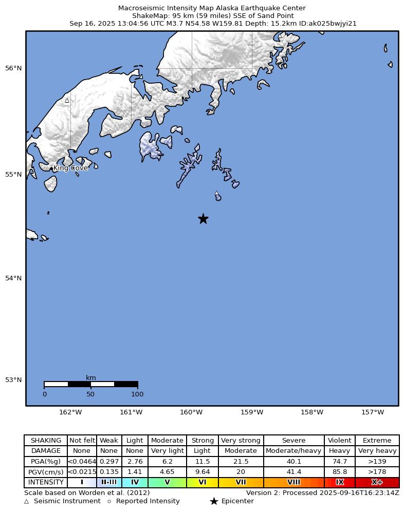 USGS ShakeMap intensity contours for the M4.0 earthquake near 123 km SSE of Sand Point, Alaska