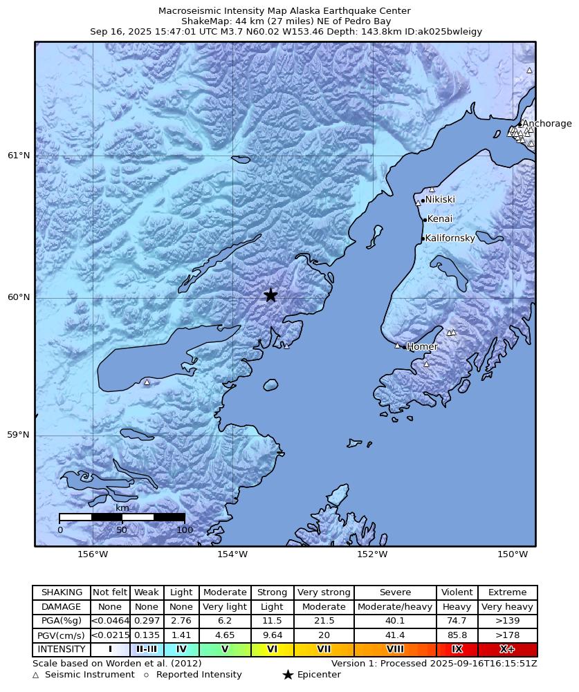 USGS ShakeMap intensity contours for the M3.7 earthquake near 44 km NE of Pedro Bay, Alaska