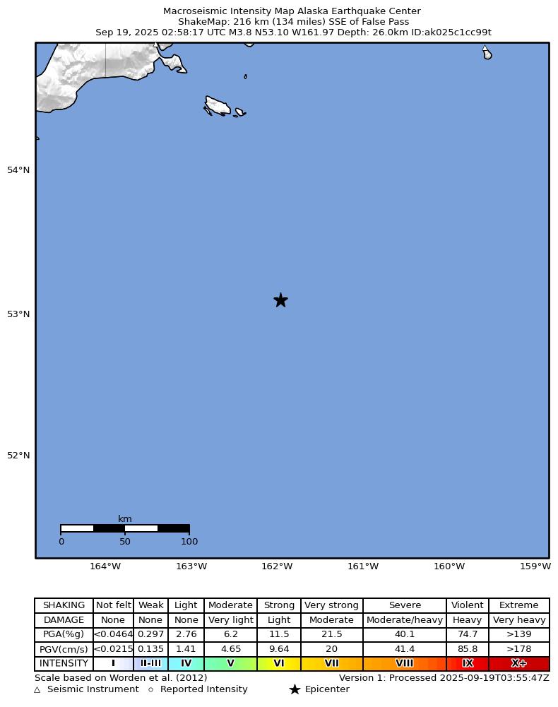 USGS ShakeMap: estimated shaking intensity around the epicenter