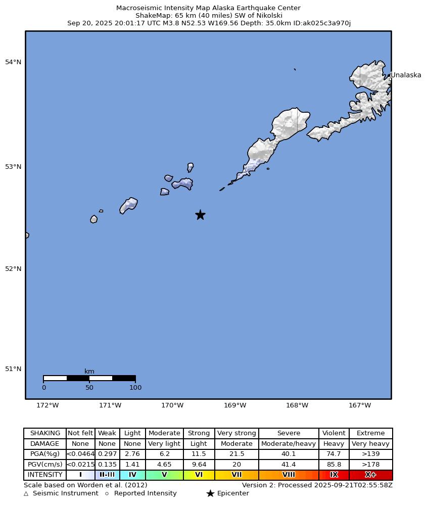 USGS ShakeMap intensity contours for the M3.6 earthquake near 66 km SW of Nikolski, Alaska