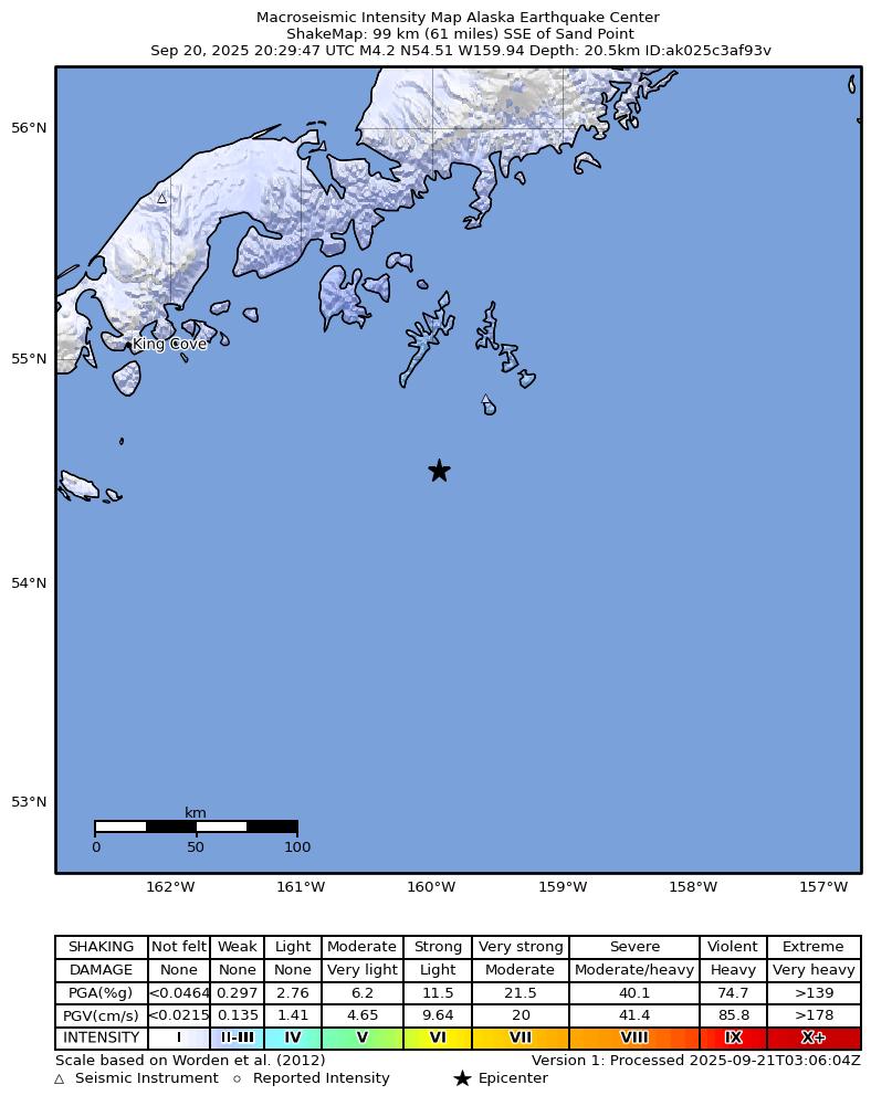 USGS ShakeMap intensity contours for the M4.2 earthquake near 101 km SSE of Sand Point, Alaska