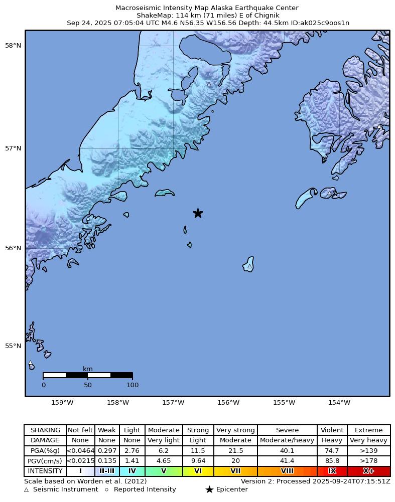 USGS ShakeMap: estimated shaking intensity around the epicenter