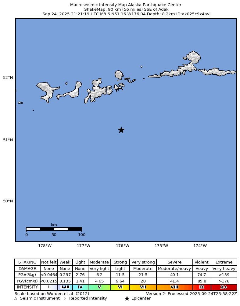USGS ShakeMap intensity contours for the M4.0 earthquake near 95 km SSE of Adak, Alaska