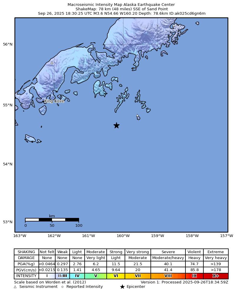USGS ShakeMap intensity contours for the M3.9 earthquake near 112 km SSE of Sand Point, Alaska