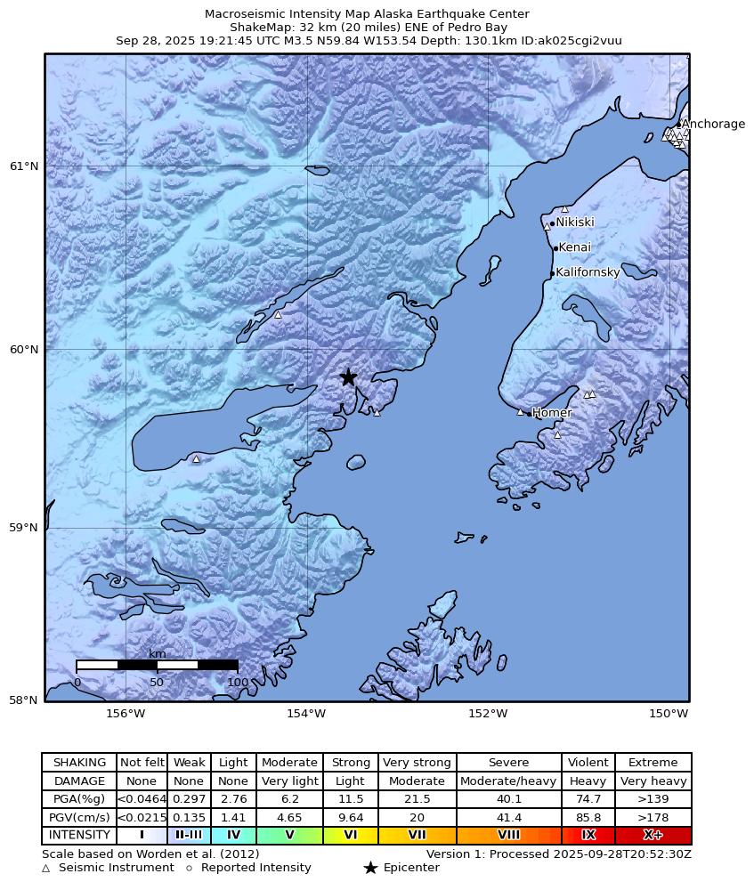 USGS ShakeMap intensity contours for the M3.5 earthquake near 32 km ENE of Pedro Bay, Alaska