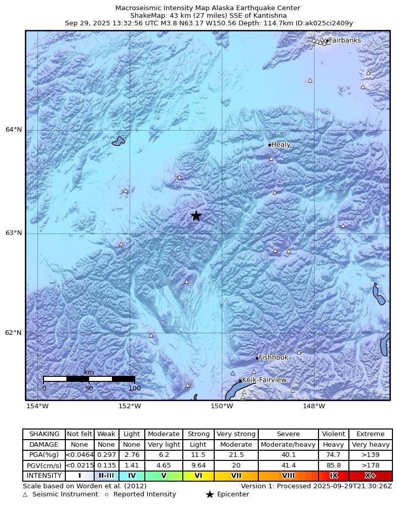 USGS ShakeMap intensity contours for the M3.6 earthquake near 71 km SE of Denali National Park, Alaska