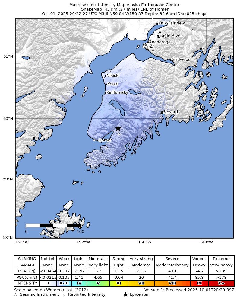 USGS ShakeMap intensity contours for the M3.5 earthquake near 7 km ESE of Fox River, Alaska