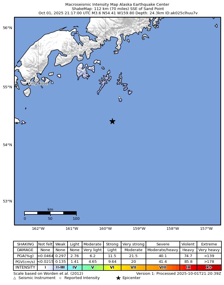 USGS ShakeMap intensity contours for the M3.6 earthquake near 106 km SSE of Sand Point, Alaska