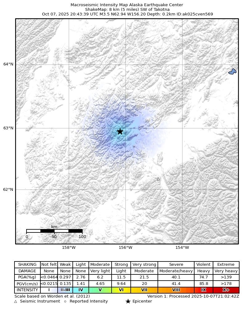 USGS ShakeMap intensity contours for the M3.4 earthquake near 12 km WSW of Takotna, Alaska