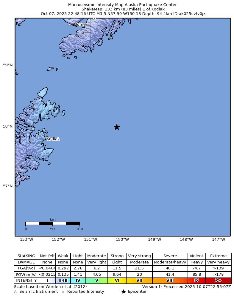 USGS ShakeMap intensity contours for the M3.3 earthquake near 107 km ENE of Ouzinkie, Alaska