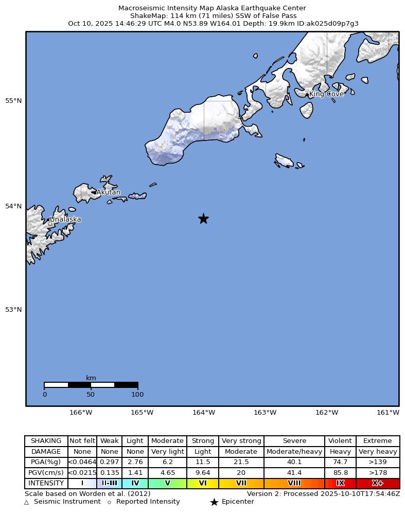 USGS ShakeMap: estimated shaking intensity around the epicenter