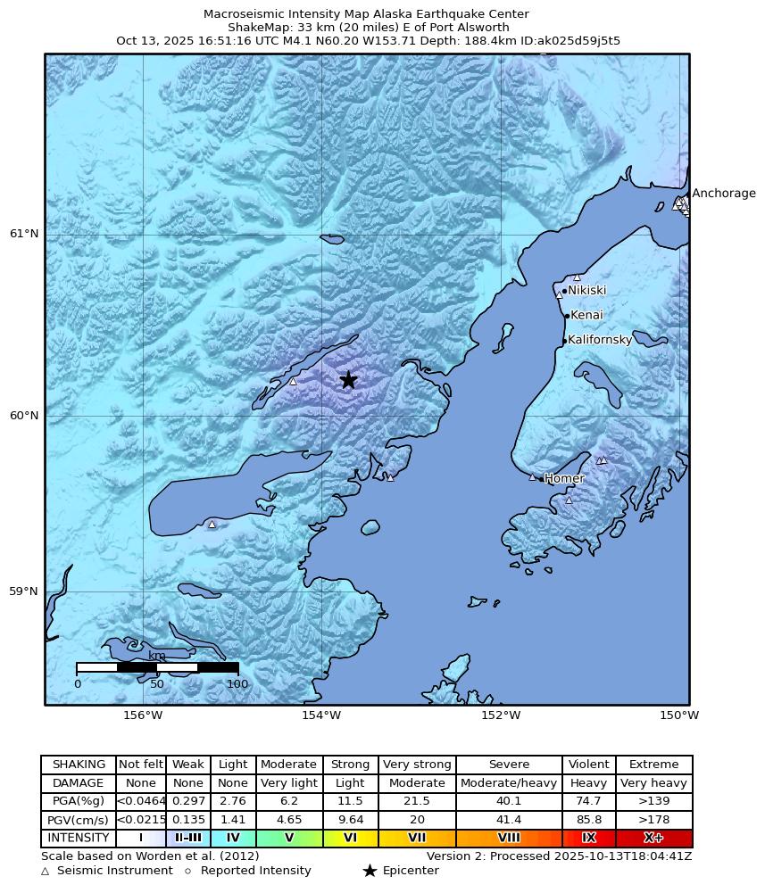 USGS ShakeMap intensity contours for the M4.1 earthquake near 33 km E of Port Alsworth, Alaska