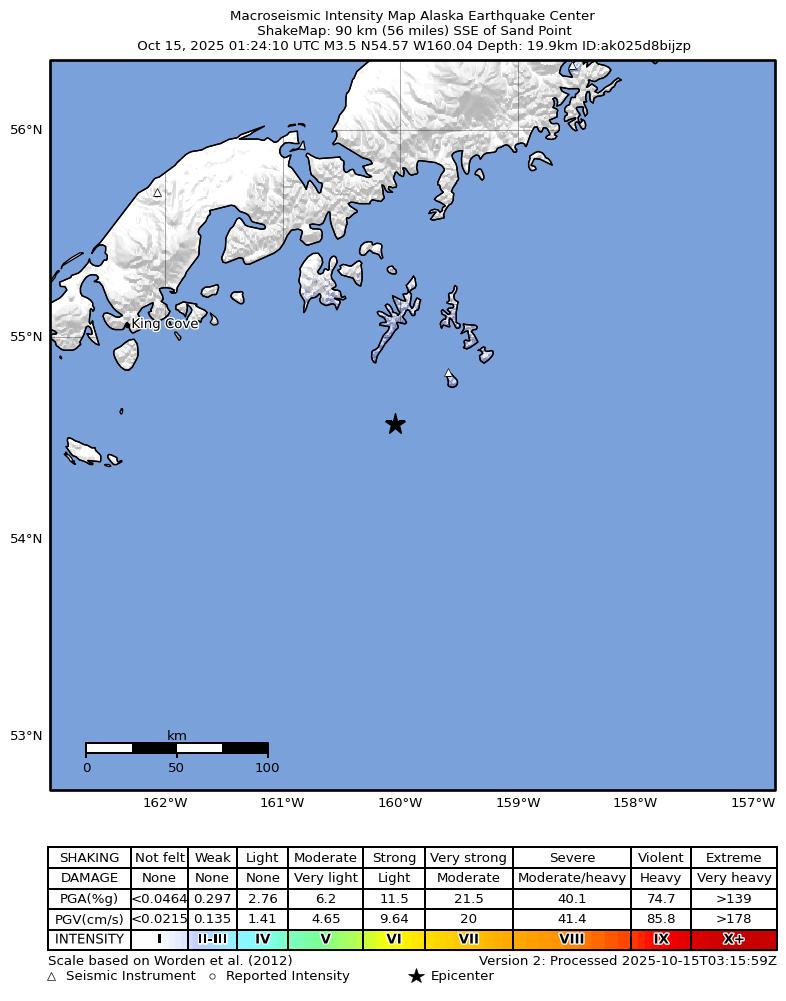 USGS ShakeMap: estimated shaking intensity around the epicenter