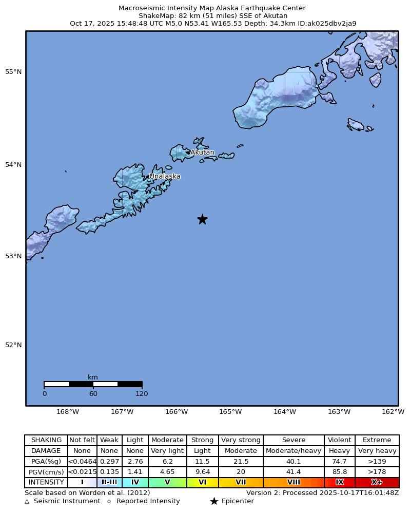 USGS ShakeMap intensity contours for the M5.1 earthquake near 49 km S of Akutan, Alaska
