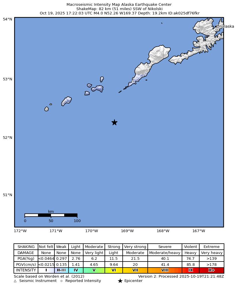 USGS ShakeMap intensity contours for the M4.4 earthquake near 102 km SSW of Nikolski, Alaska