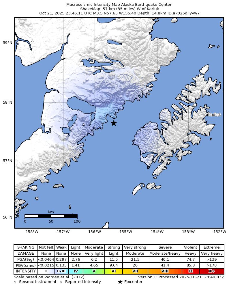 USGS ShakeMap intensity contours for the M3.5 earthquake near 56 km W of Karluk, Alaska