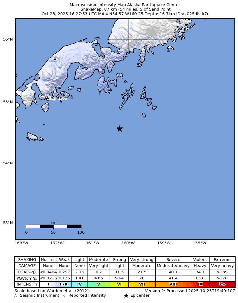 USGS ShakeMap intensity contours for the M4.6 earthquake near 78 km S of Sand Point, Alaska