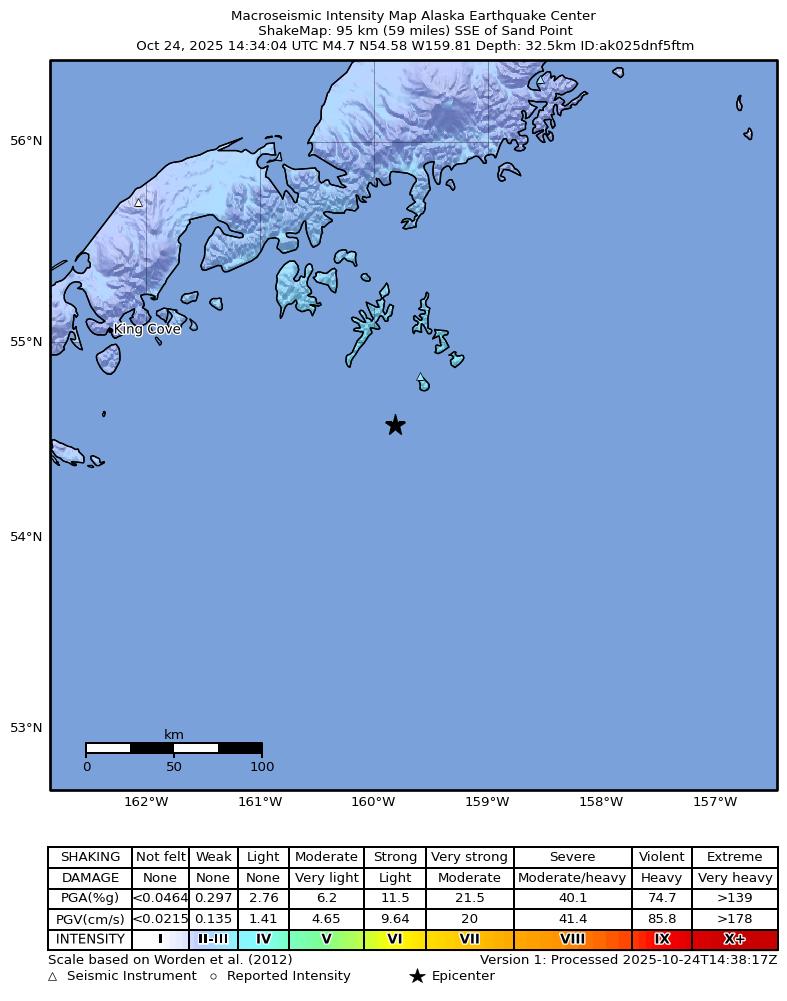 USGS ShakeMap: estimated shaking intensity around the epicenter
