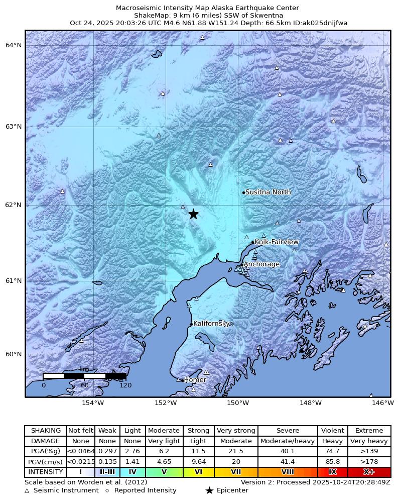 USGS ShakeMap intensity contours for the M4.6 earthquake near 14 km SE of Skwentna, Alaska