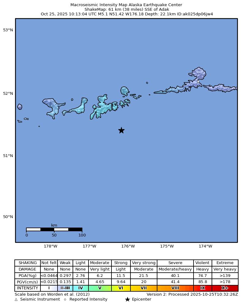 USGS ShakeMap: estimated shaking intensity around the epicenter