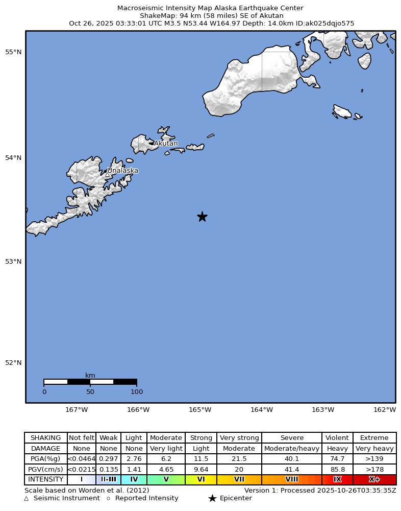USGS ShakeMap: estimated shaking intensity around the epicenter