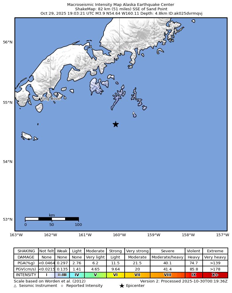 USGS ShakeMap intensity contours for the M4.0 earthquake near 104 km SSE of Sand Point, Alaska