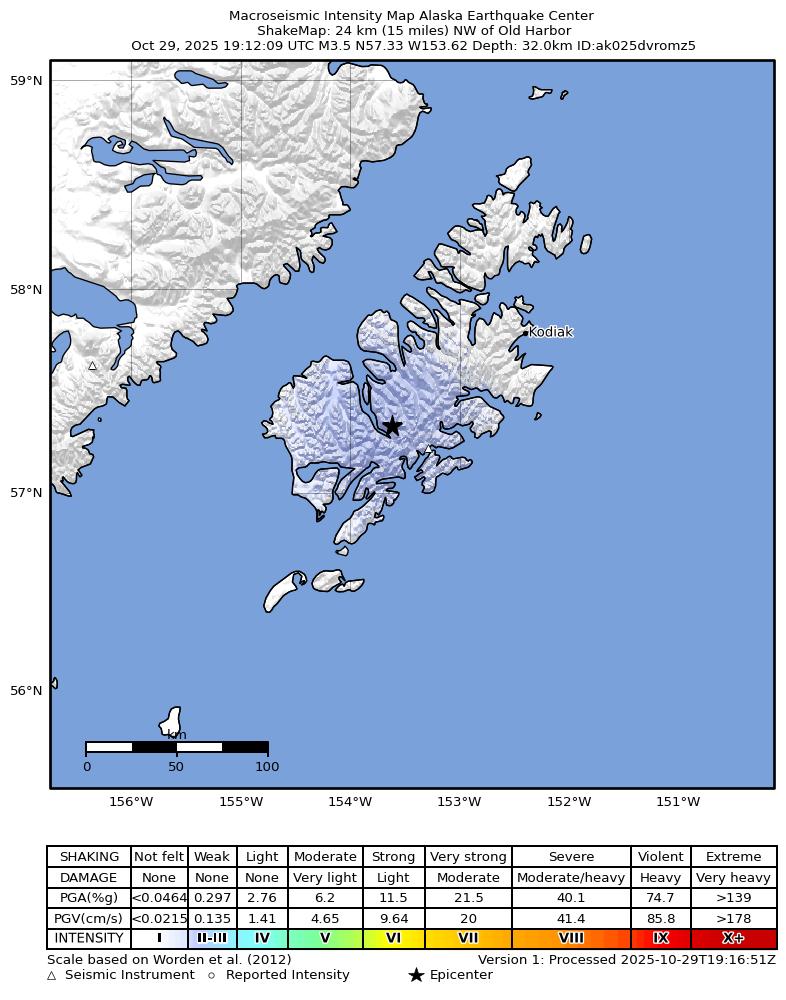 USGS ShakeMap intensity contours for the M3.6 earthquake near 23 km NW of Old Harbor, Alaska