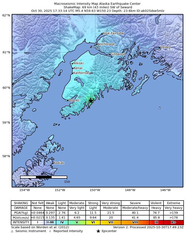 USGS ShakeMap intensity contours for the M5.4 earthquake near 48 km ESE of Fox River, Alaska