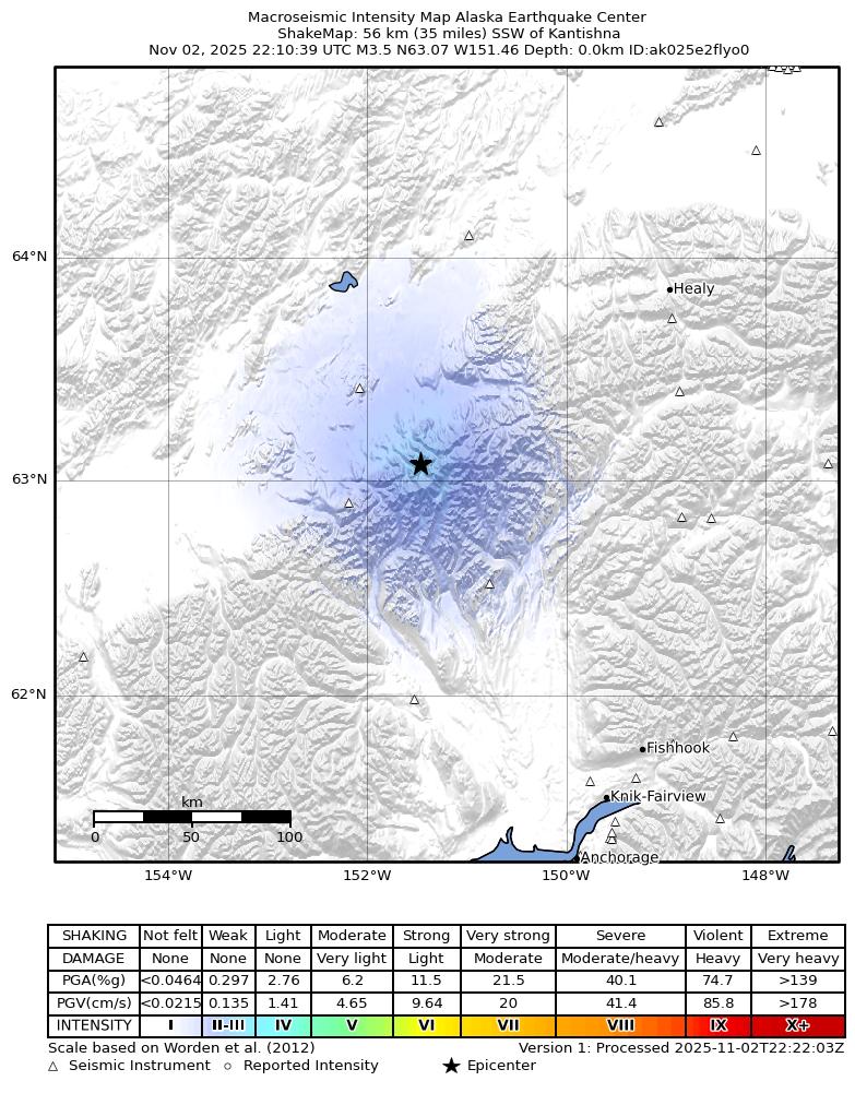USGS ShakeMap intensity contours for the M3.0 earthquake near 54 km SSE of Denali National Park, Alaska