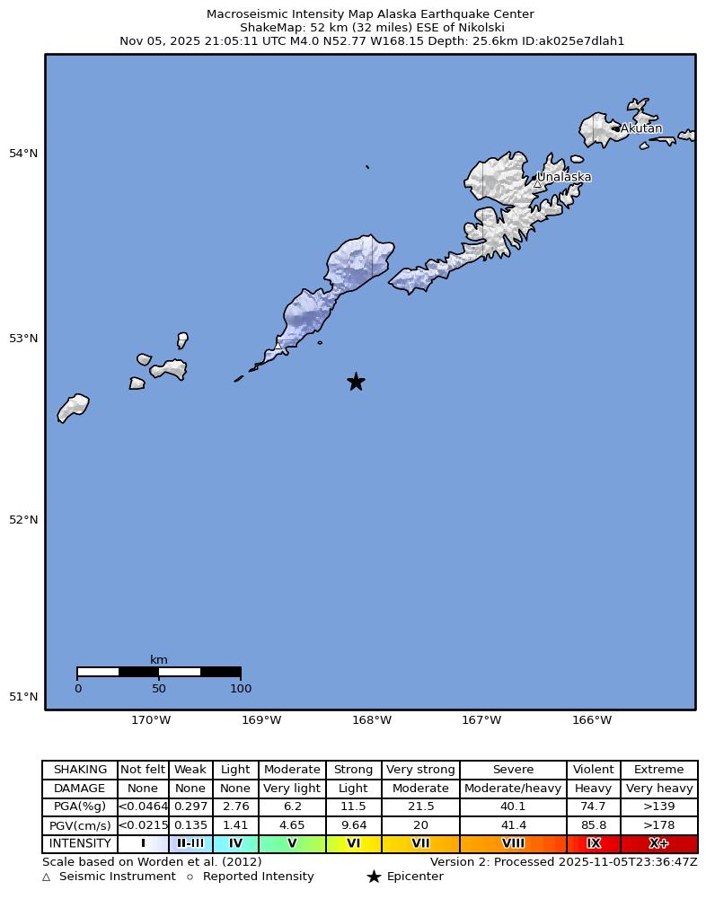 USGS ShakeMap intensity contours for the M4.0 earthquake near 31 km E of Nikolski, Alaska