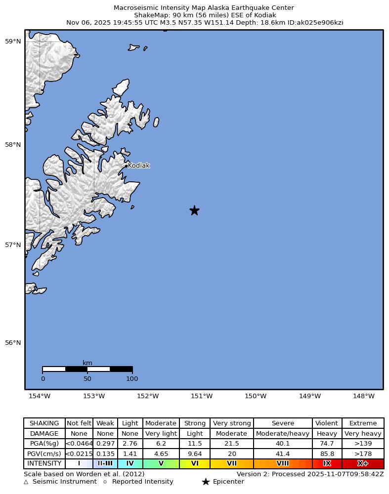 USGS ShakeMap intensity contours for the M3.5 earthquake near 74 km ESE of Chiniak, Alaska