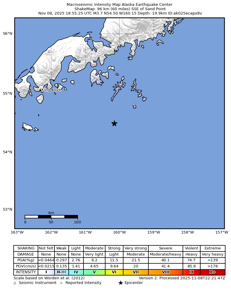 USGS ShakeMap intensity contours for the M4.1 earthquake near 93 km SSE of Sand Point, Alaska