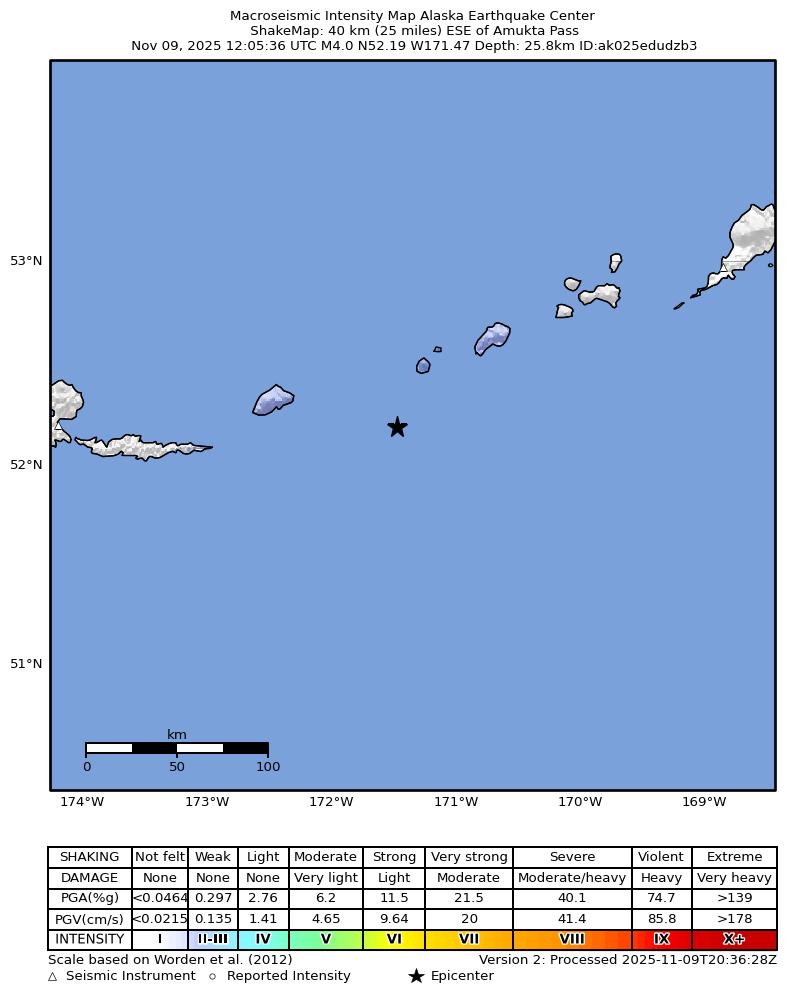 USGS ShakeMap: estimated shaking intensity around the epicenter