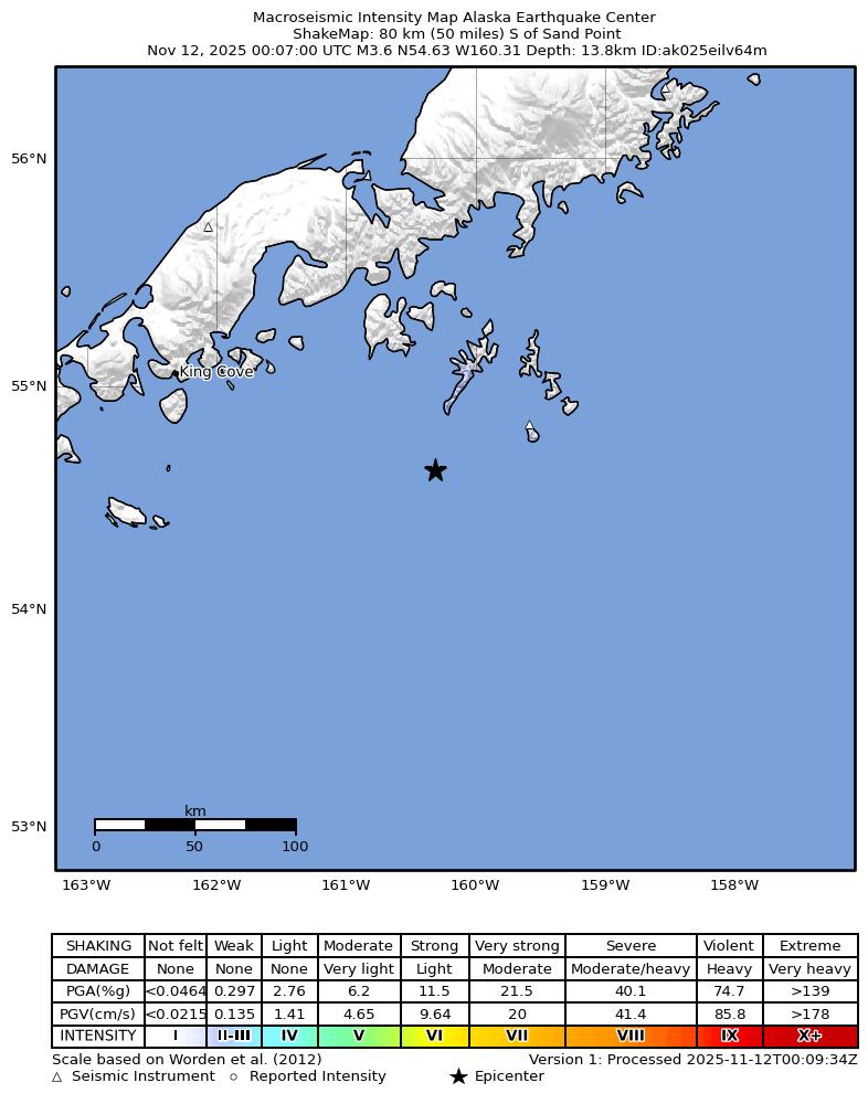 USGS ShakeMap: estimated shaking intensity around the epicenter