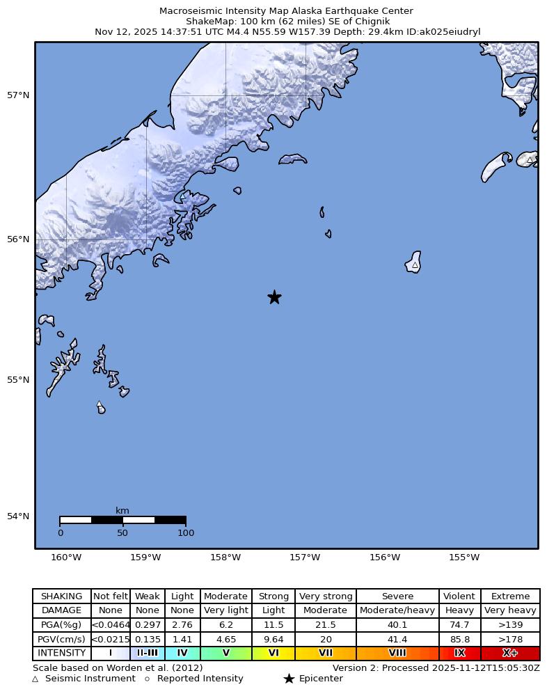 USGS ShakeMap intensity contours for the M4.4 earthquake near 100 km SE of Chignik, Alaska