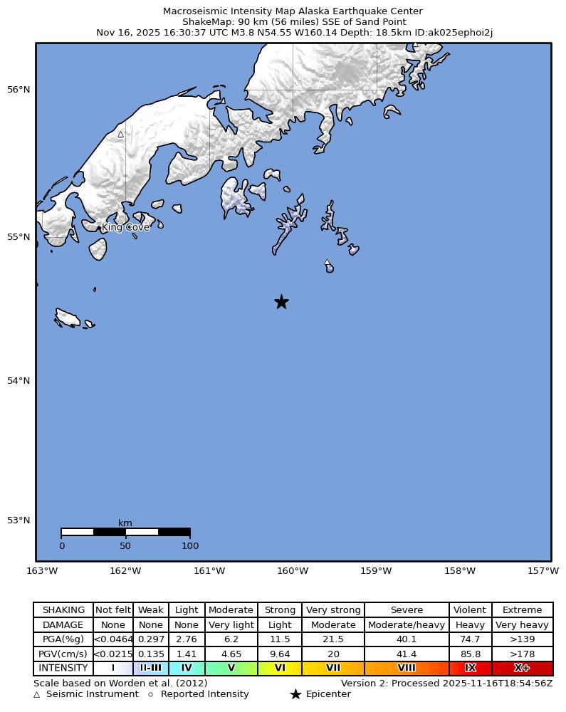 USGS ShakeMap intensity contours for the M4.0 earthquake near 88 km SSE of Sand Point, Alaska