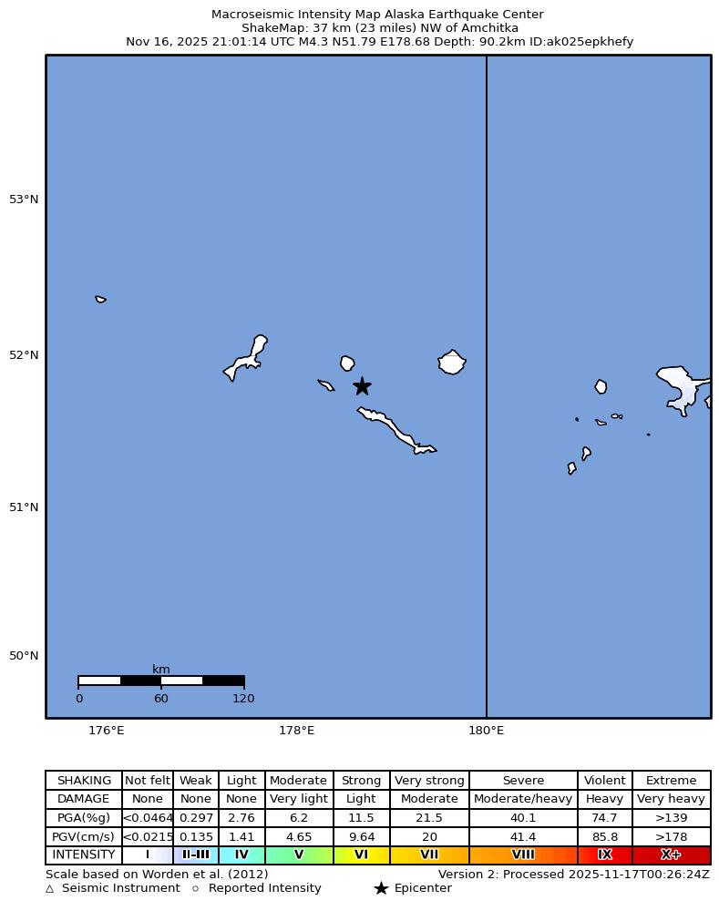 USGS ShakeMap intensity contours for the M4.3 earthquake near Rat Islands, Aleutian Islands, Alaska