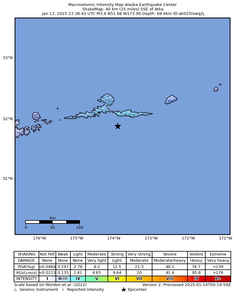 USGS ShakeMap intensity contours for the M4.0 earthquake near 38 km SSE of Atka, Alaska