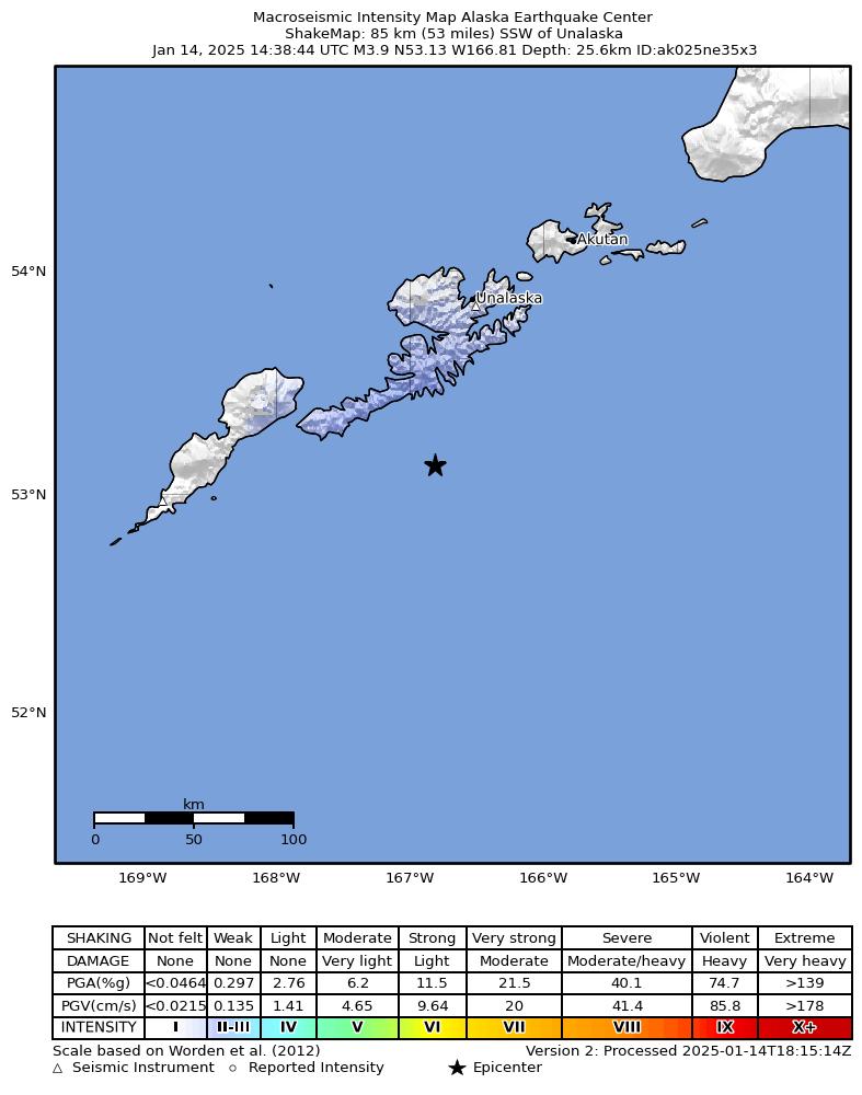 USGS ShakeMap: estimated shaking intensity around the epicenter