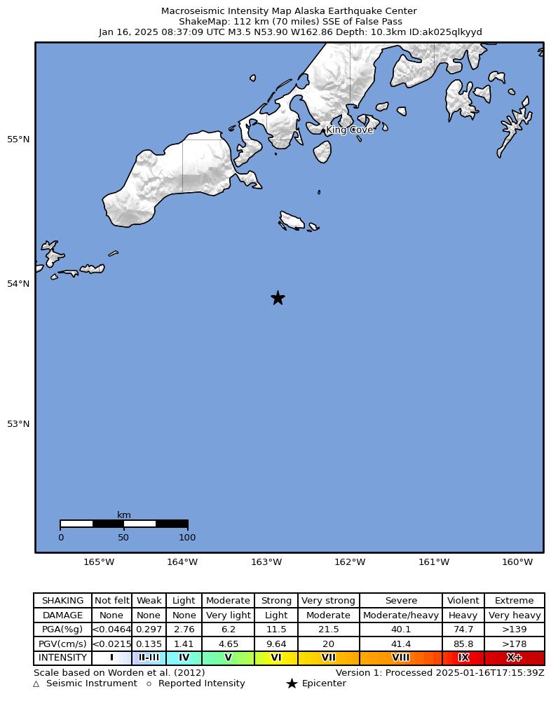 USGS ShakeMap: estimated shaking intensity around the epicenter