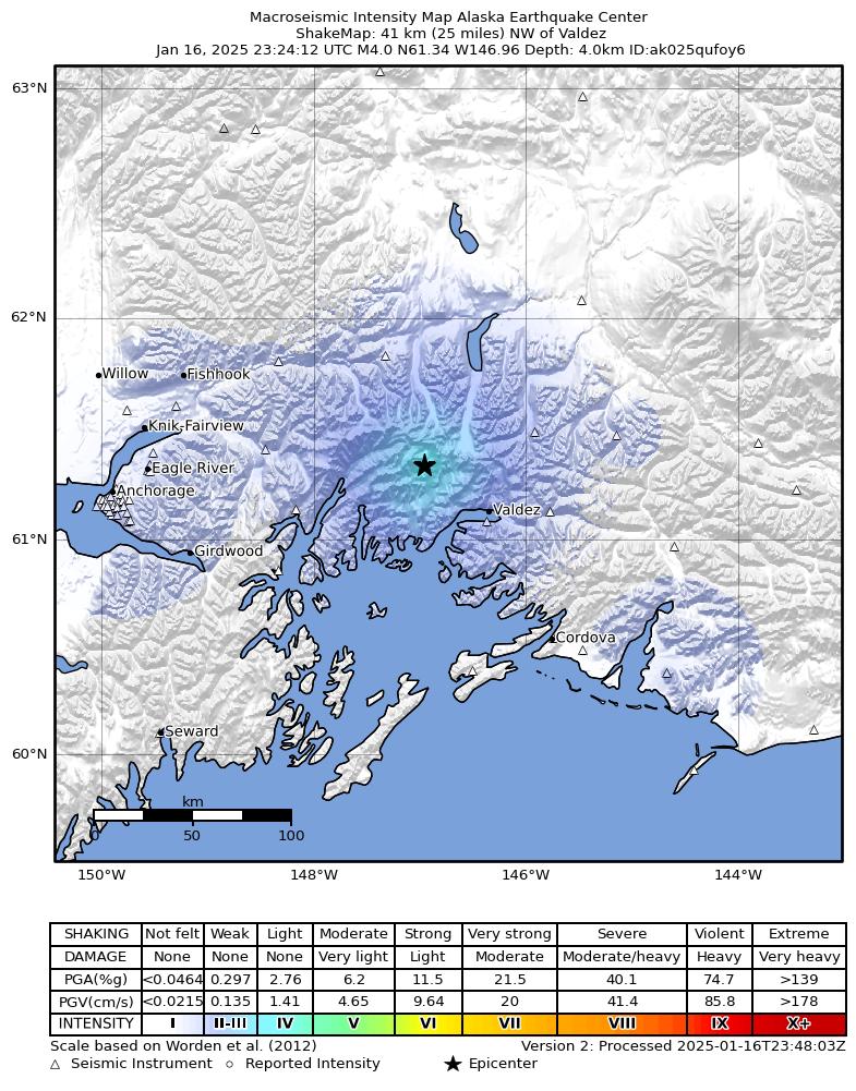 USGS ShakeMap intensity contours for the M4.0 earthquake near 39 km NW of Valdez, Alaska