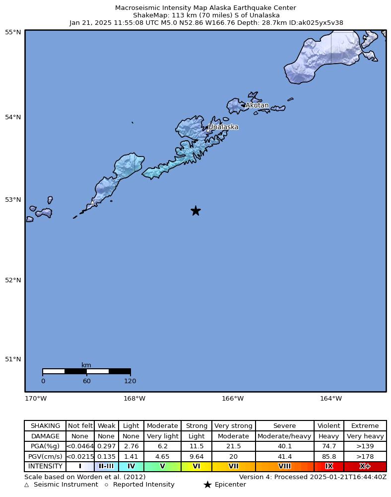 USGS ShakeMap intensity contours for the M5.2 earthquake near 126 km S of Unalaska, Alaska