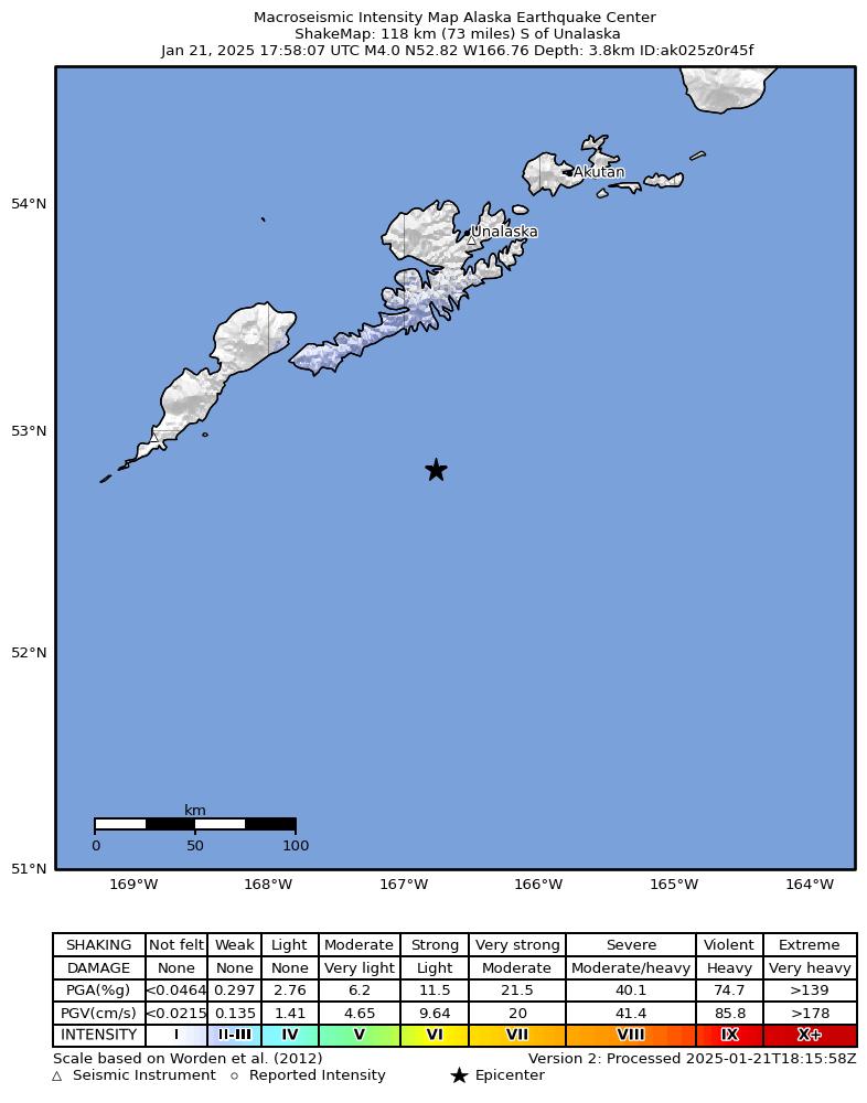 USGS ShakeMap: estimated shaking intensity around the epicenter