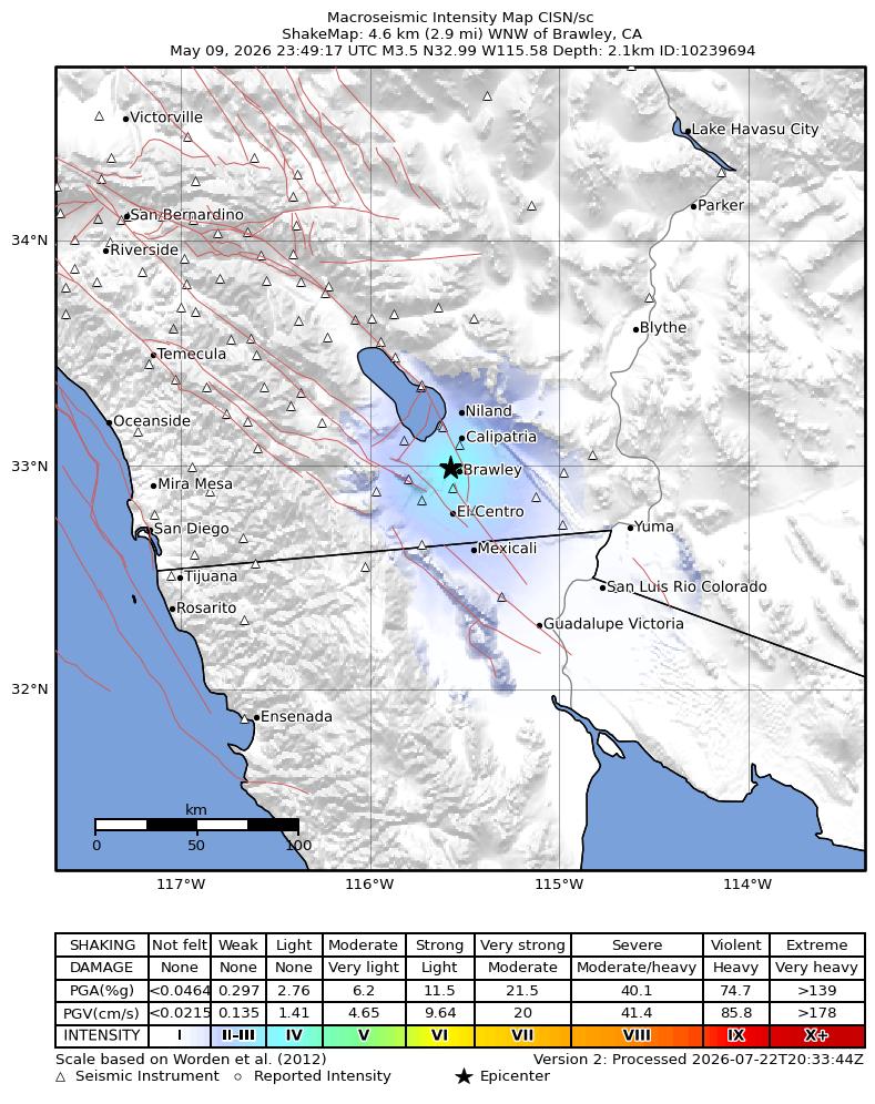 USGS ShakeMap intensity contours for the M3.5 earthquake near 5 km WNW of Brawley, CA