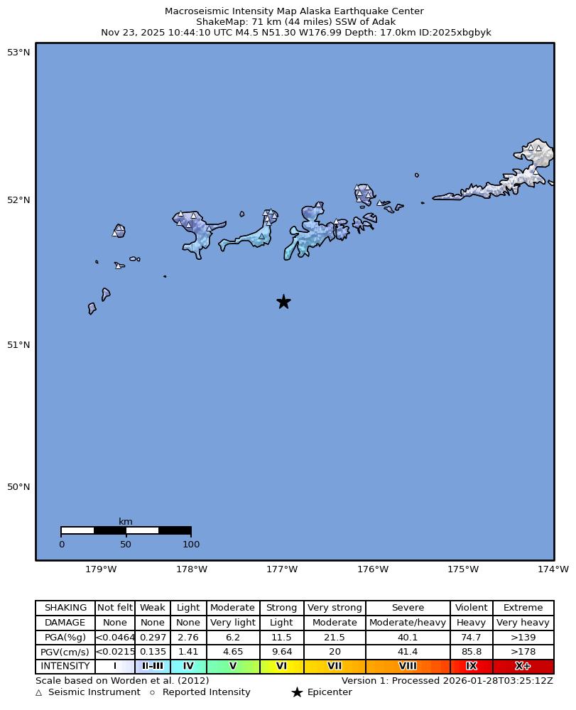 USGS ShakeMap: estimated shaking intensity around the epicenter