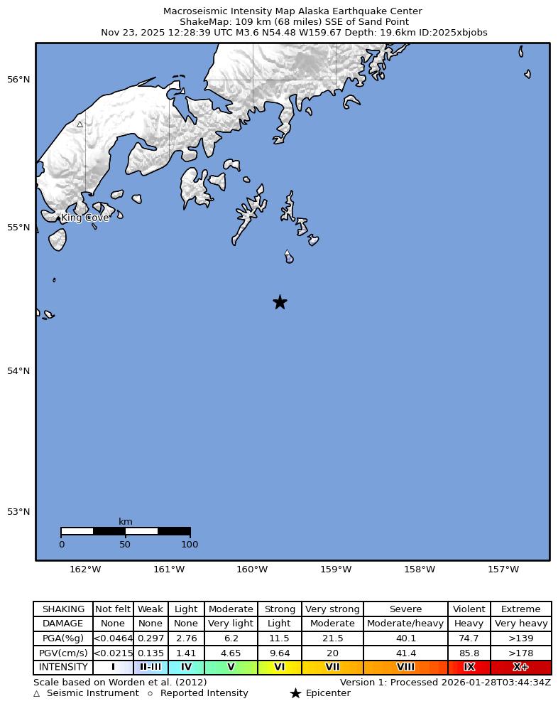 USGS ShakeMap: estimated shaking intensity around the epicenter