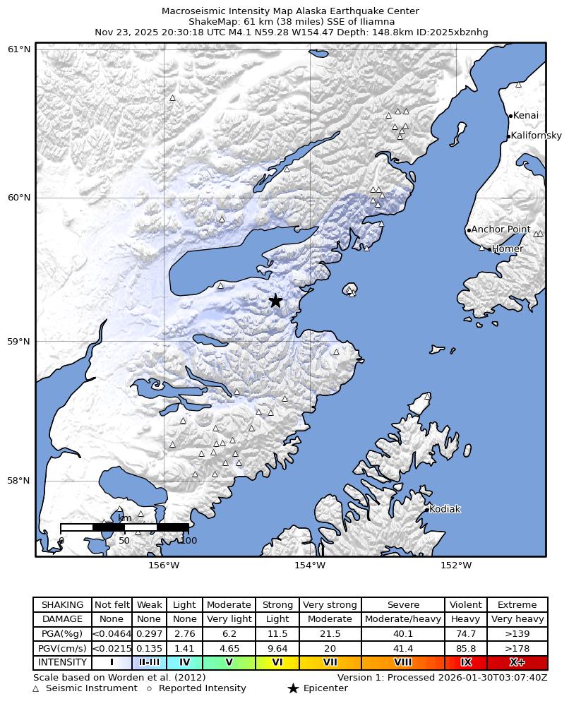 USGS ShakeMap intensity contours for the M4.1 earthquake near 24 km SE of Kokhanok, Alaska