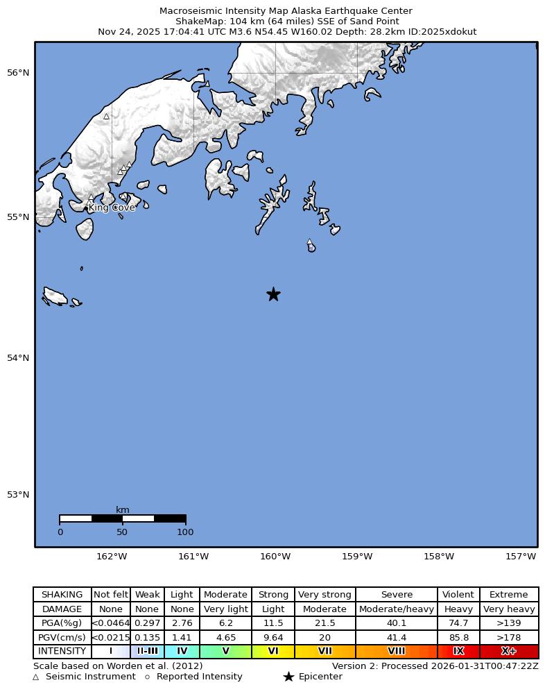 USGS ShakeMap: estimated shaking intensity around the epicenter