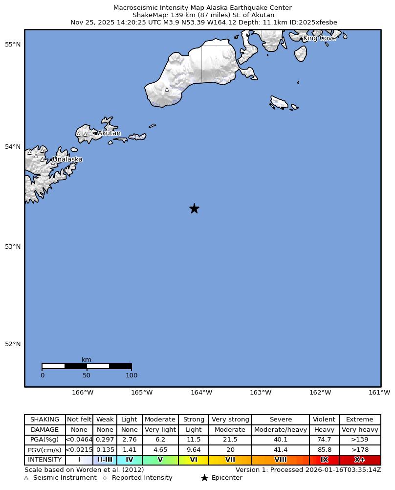 USGS ShakeMap intensity contours for the M4.4 earthquake near 140 km SE of Akutan, Alaska
